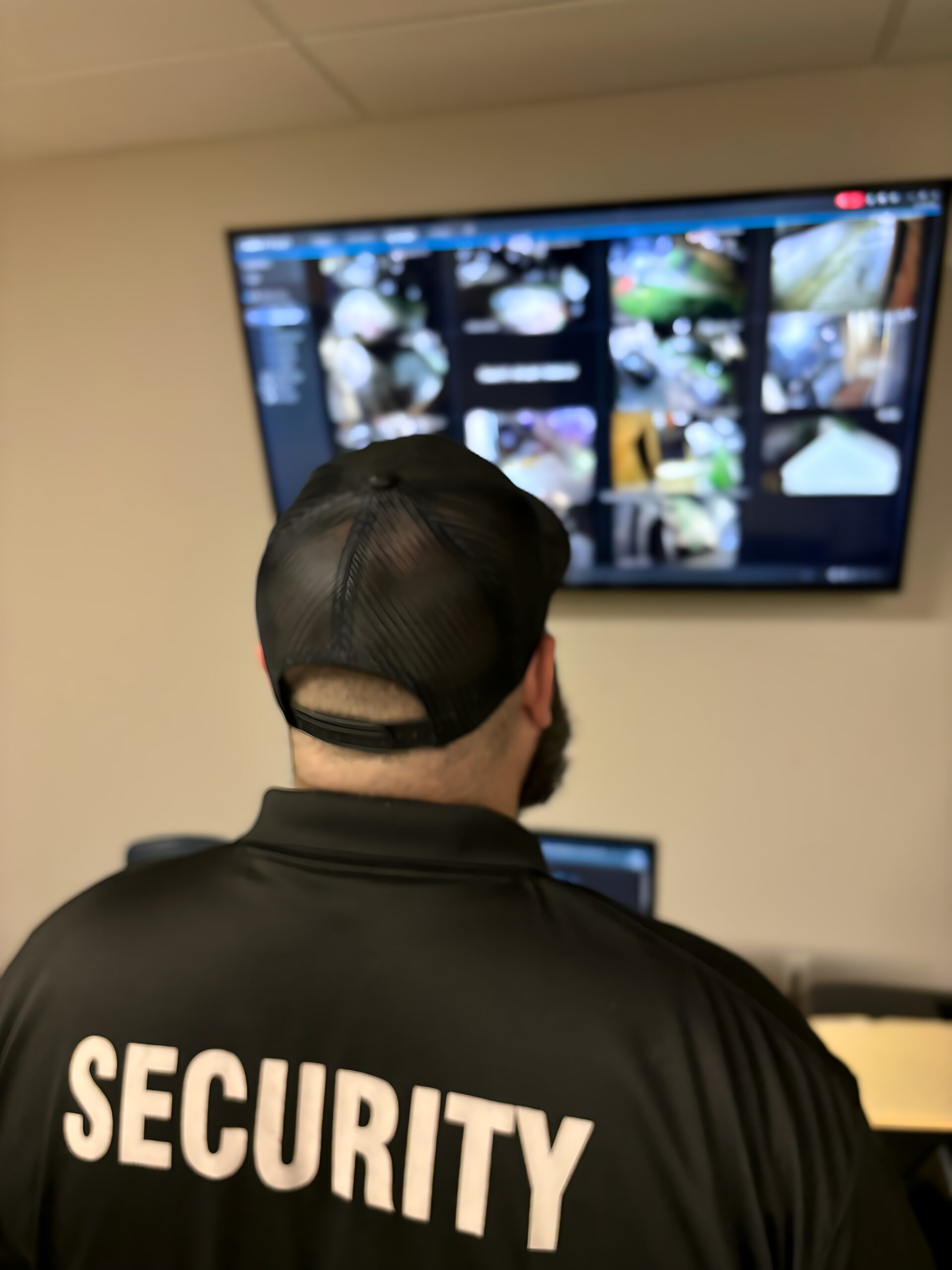 An American Alliance Security officer watching a wall of live camera feeds