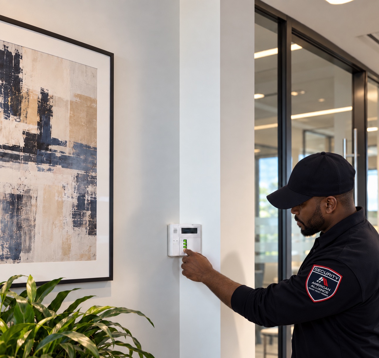 An American Alliance Security officer checking a wall-mounted alarm panel inside a building
