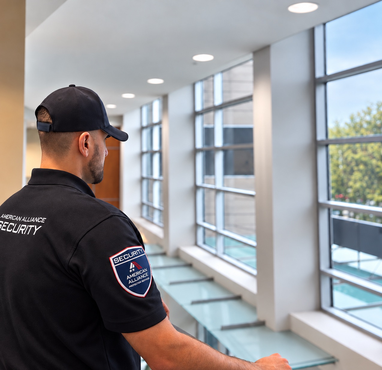 An American Alliance Security officer patrolling a bright interior hallway lined with windows