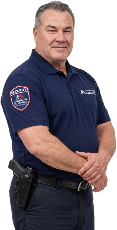 An armed American Alliance Security officer in a navy uniform polo with a holstered firearm and hands clasped