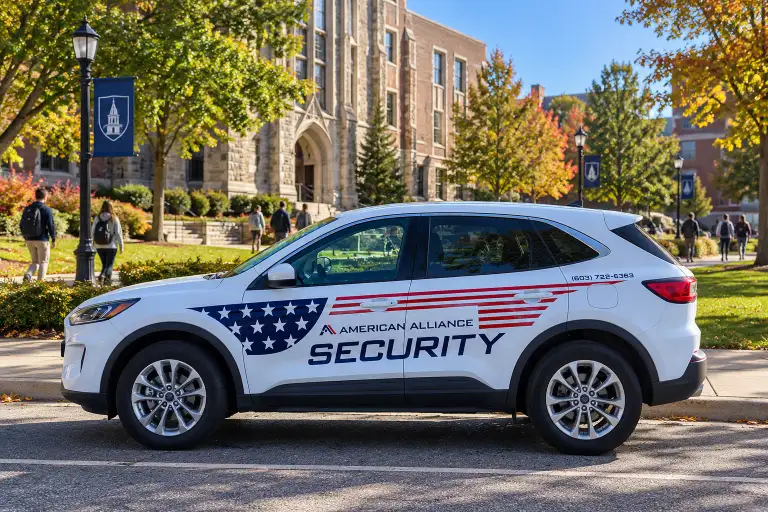 An American Alliance Security patrol vehicle parked on a college campus as students walk to class