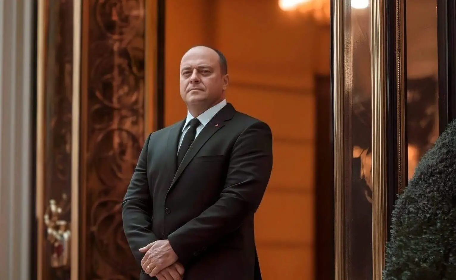 A concierge security officer in a dark suit standing at the entrance of an upscale commercial building