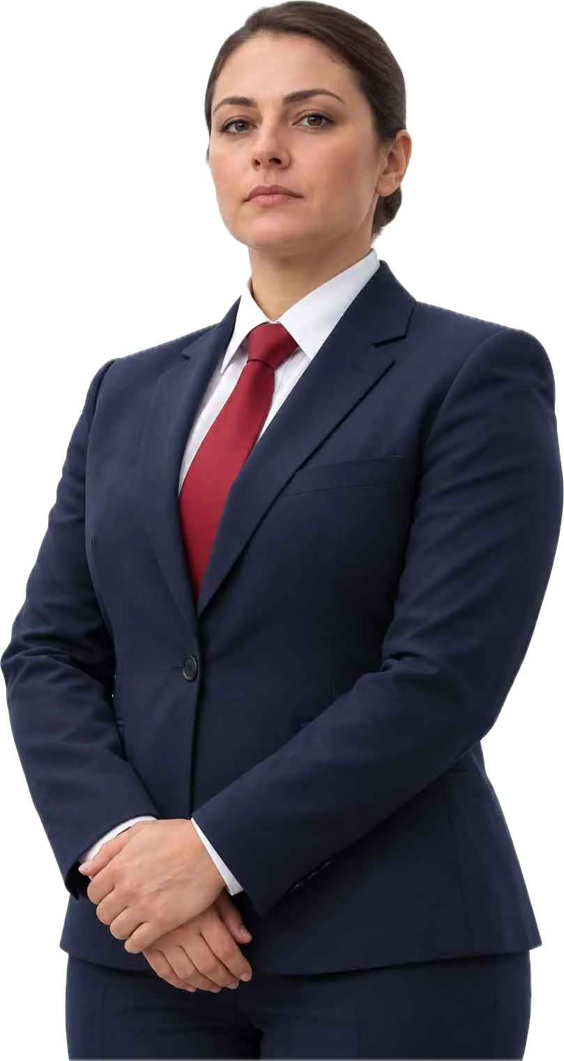 A concierge security officer in a navy suit, white shirt, and red tie standing with her hands clasped
