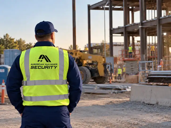 An American Alliance Security officer in a high-visibility vest watching over an active steel-frame construction site