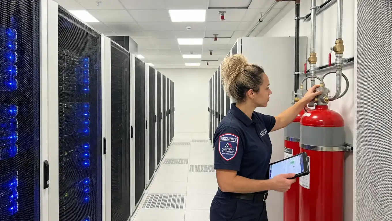 An American Alliance Security officer checking a fire suppression system beside server racks in a data center