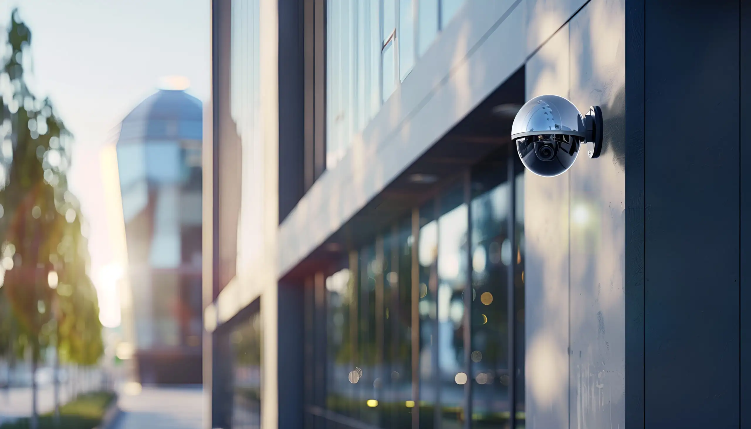 A security camera mounted on the outside wall of a glass office building