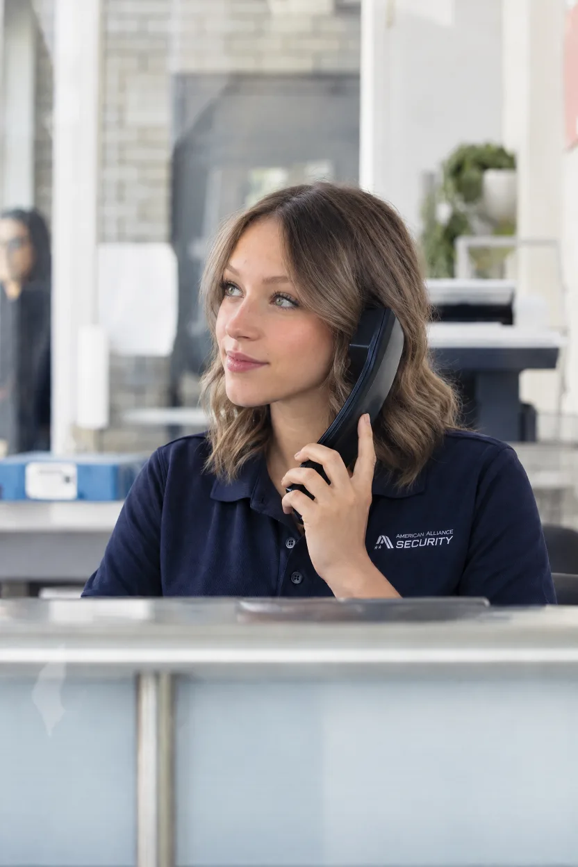 An American Alliance Security front desk officer in a navy company polo answering a phone call at the reception desk