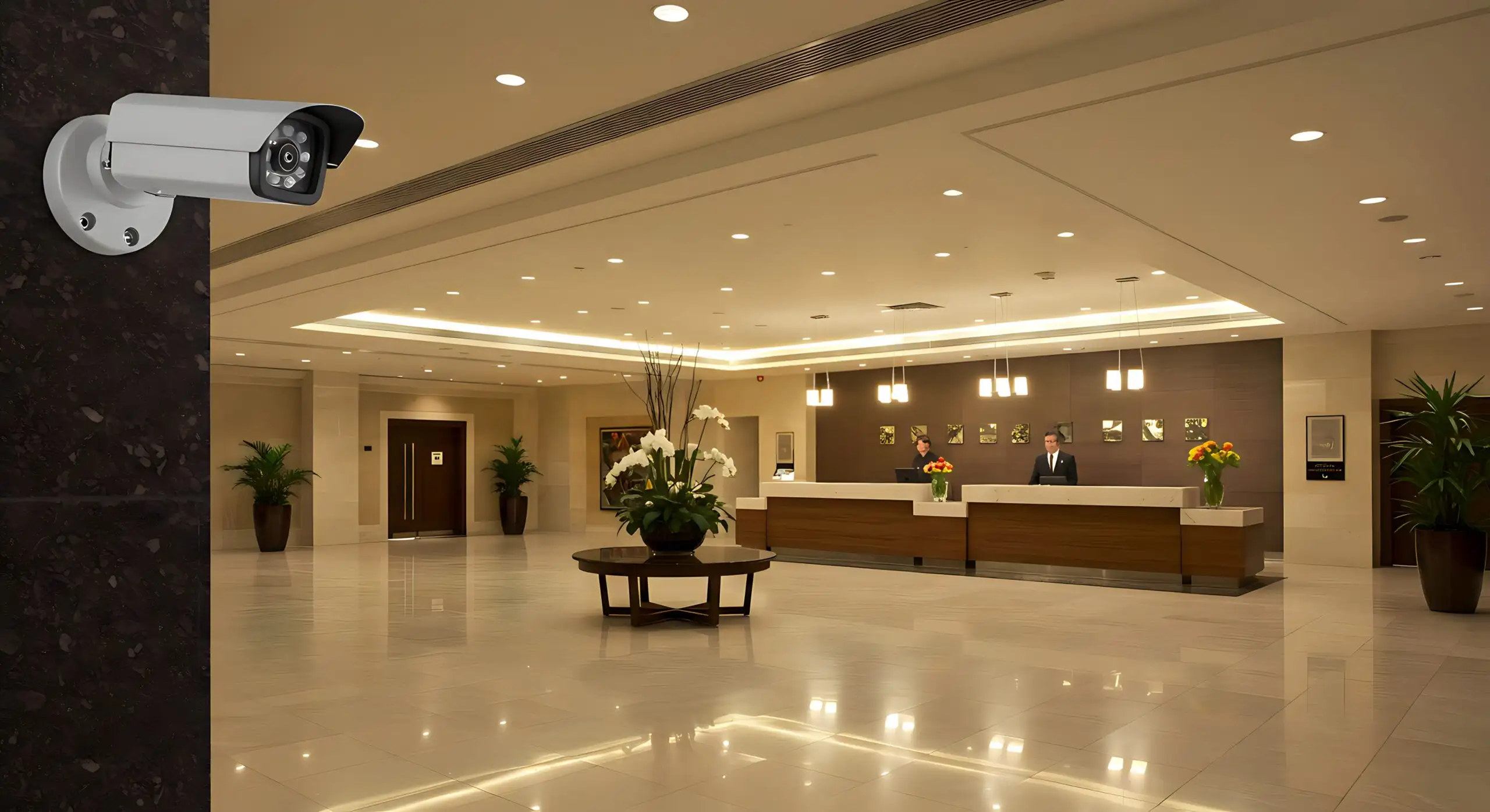 A security camera overlooking a hotel lobby