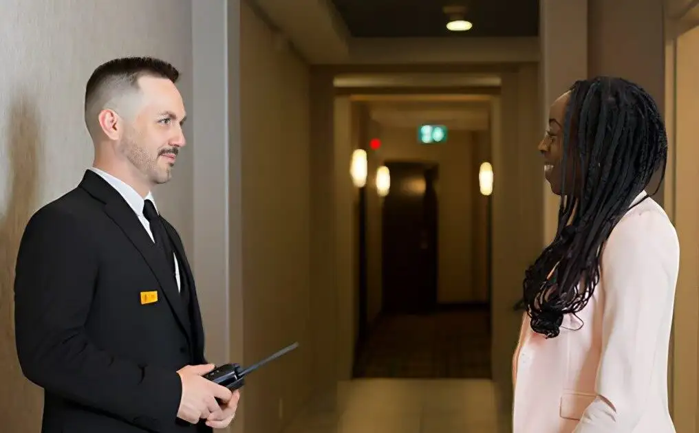 A security officer with a radio speaking calmly with a guest in a hallway
