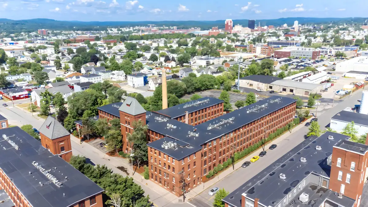 An aerial view of the mill buildings and neighborhoods of Manchester, New Hampshire