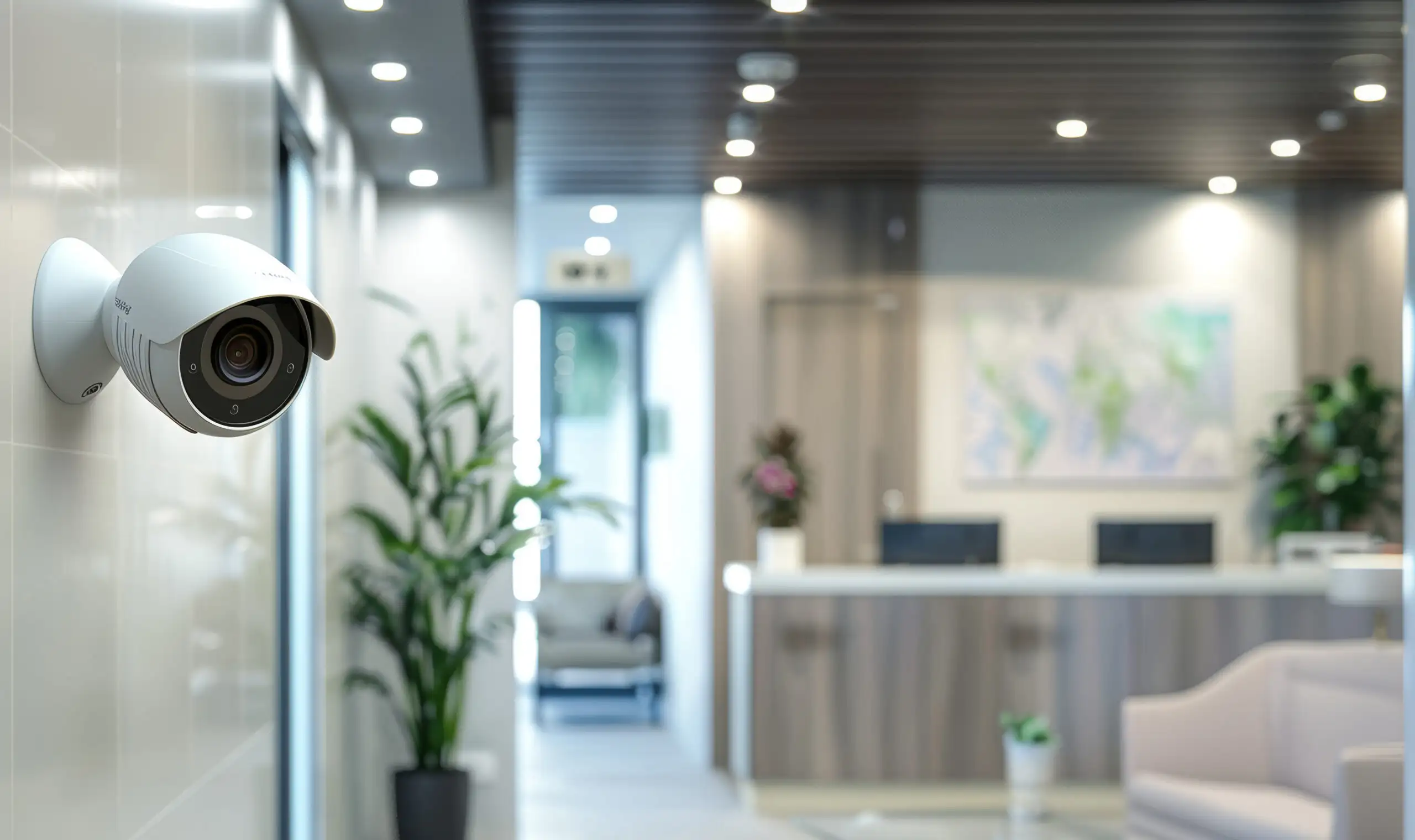 A security camera mounted on the wall of an office reception area