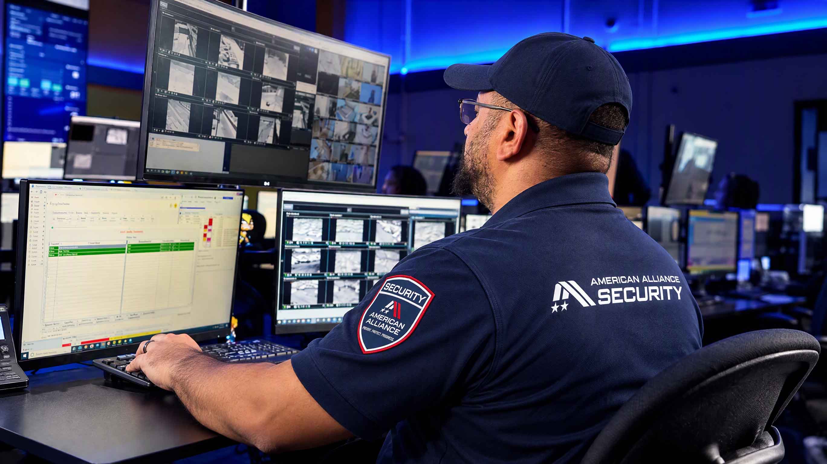An American Alliance Security operator watching live camera feeds across several monitors in a monitoring center