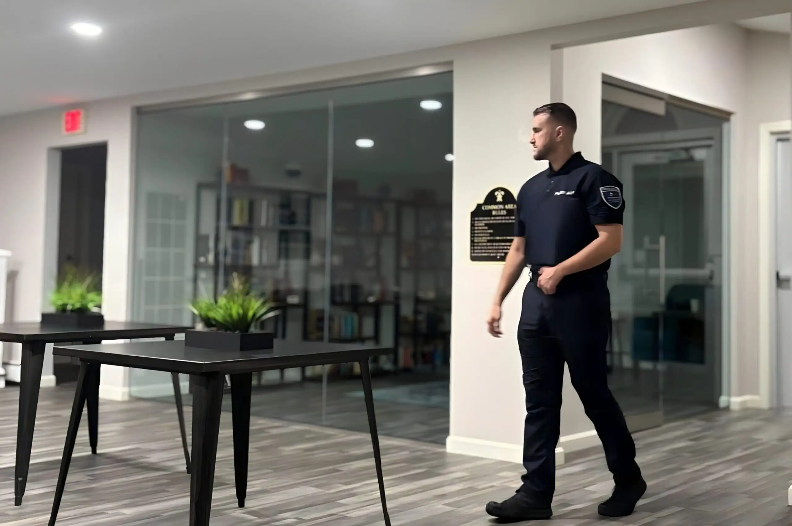 A security officer walking through the shared lounge of a residential building