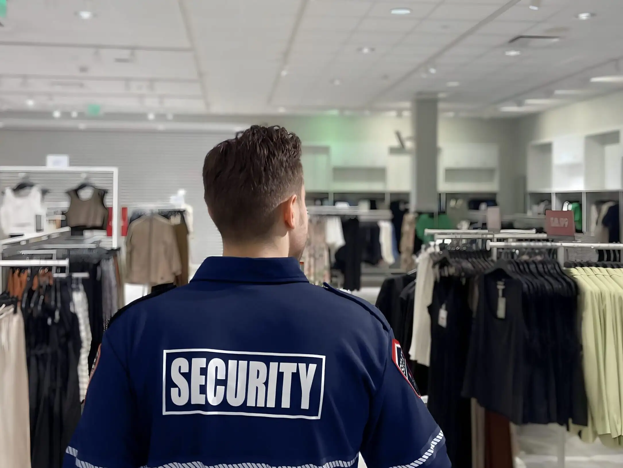 An American Alliance Security officer in a navy SECURITY shirt watching over the clothing racks of a retail store