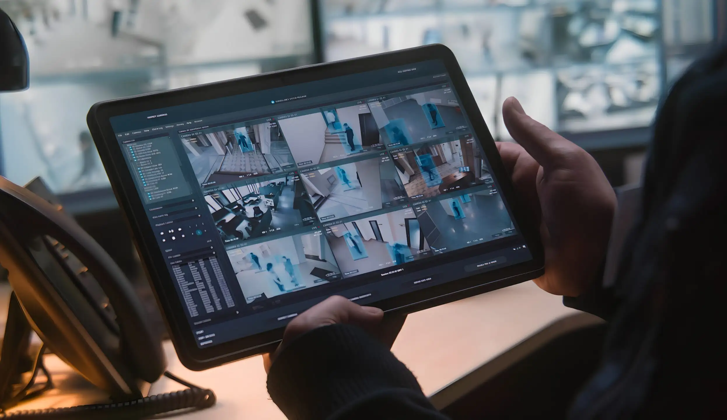 Hands holding a tablet showing a grid of live security camera views