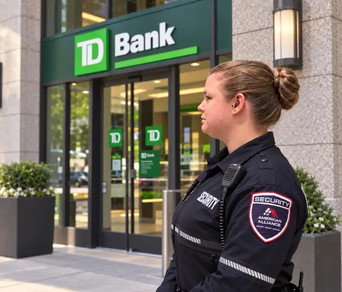 An American Alliance Security officer standing watch outside the entrance of a bank branch