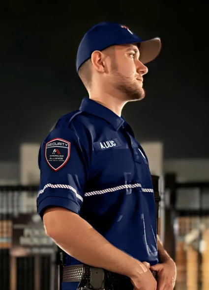An American Alliance Security officer in a navy uniform and cap standing watch