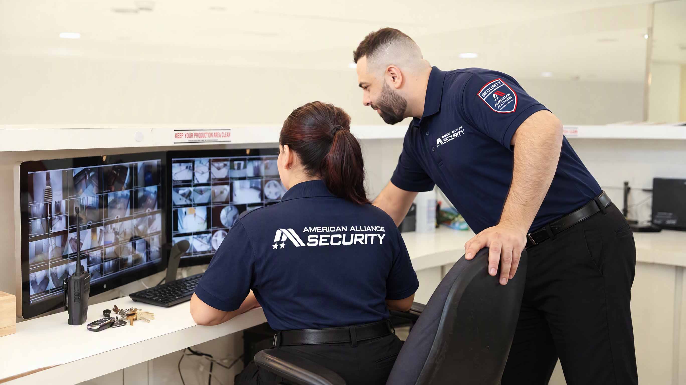 Two American Alliance Security officers watching live camera feeds on monitors at a security desk