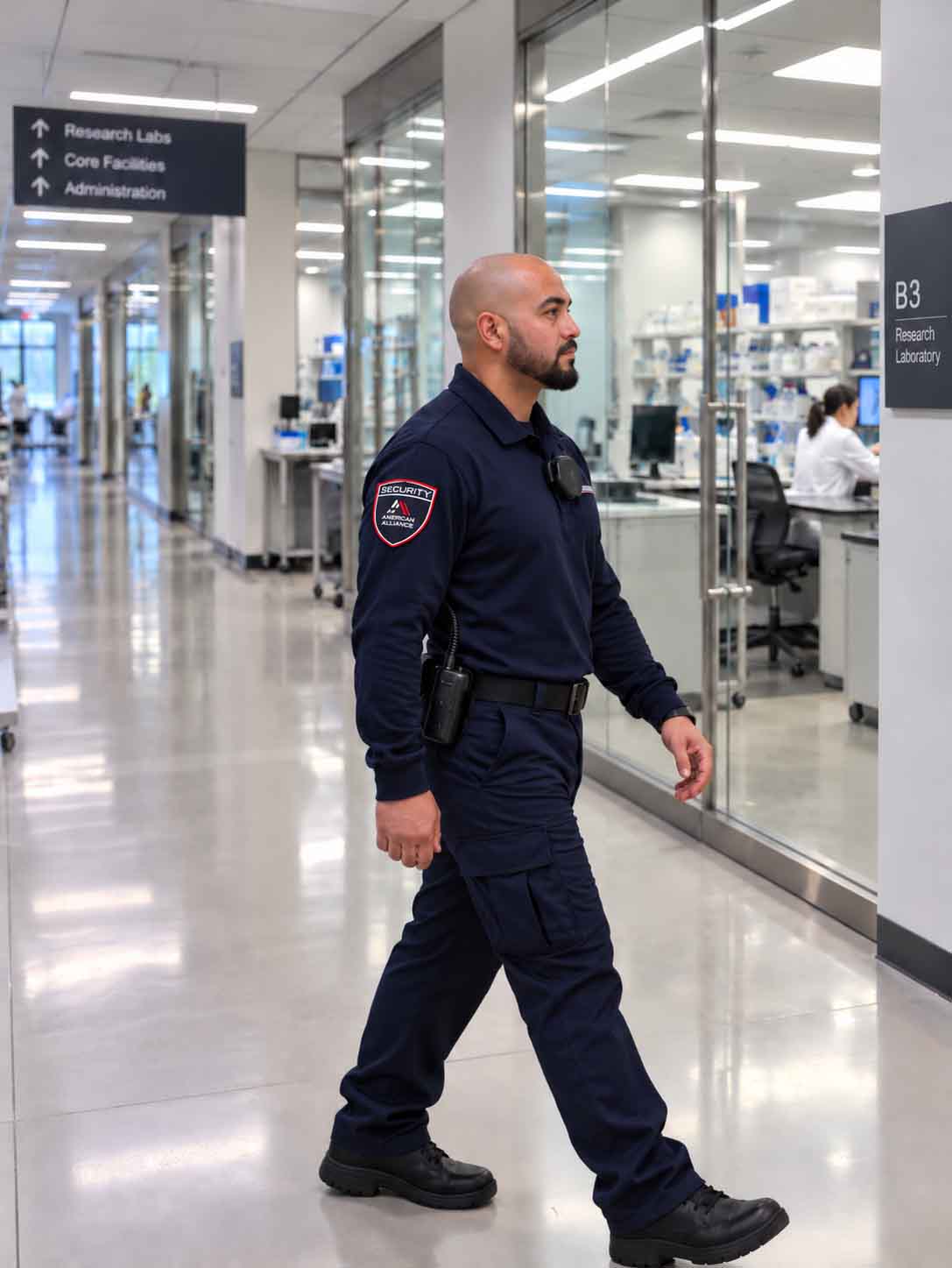 An American Alliance Security officer walking past glass-walled research laboratories in a research center corridor
