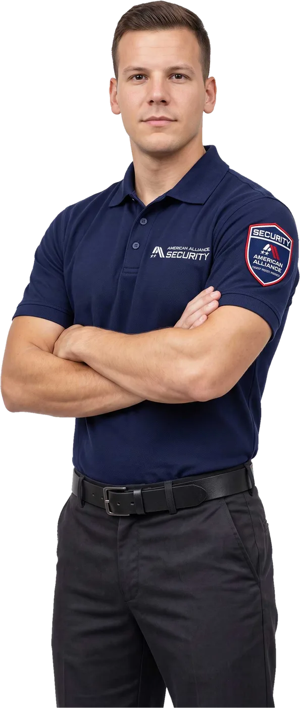 An unarmed American Alliance Security officer in a navy uniform polo standing with arms crossed